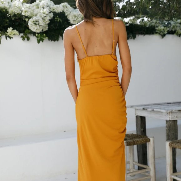 Elegant Mustard Yellow Ruched Dress - Picture 5 of 6
